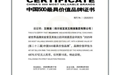 五粮液入选2025年“中国500最具价值品牌” 连续八年获评最佳表现品牌